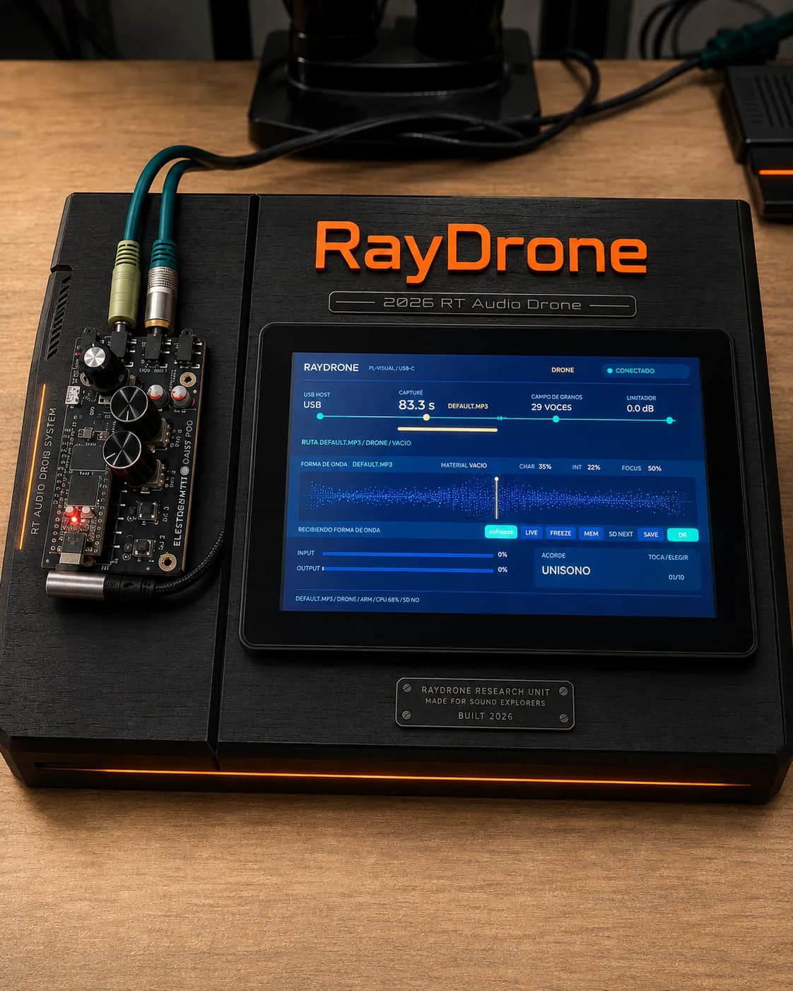 Concepto del instrumento hardware Aura basado en RayDrone y ESP32-P4