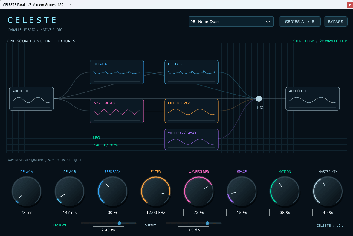 CELESTE Parallel v0.1 editor showing Neon Dust, signal paths and eight controls